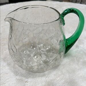 Blenko Large Hand Blown Crackle Glass Pitcher w Green Handle Mid Century Modern